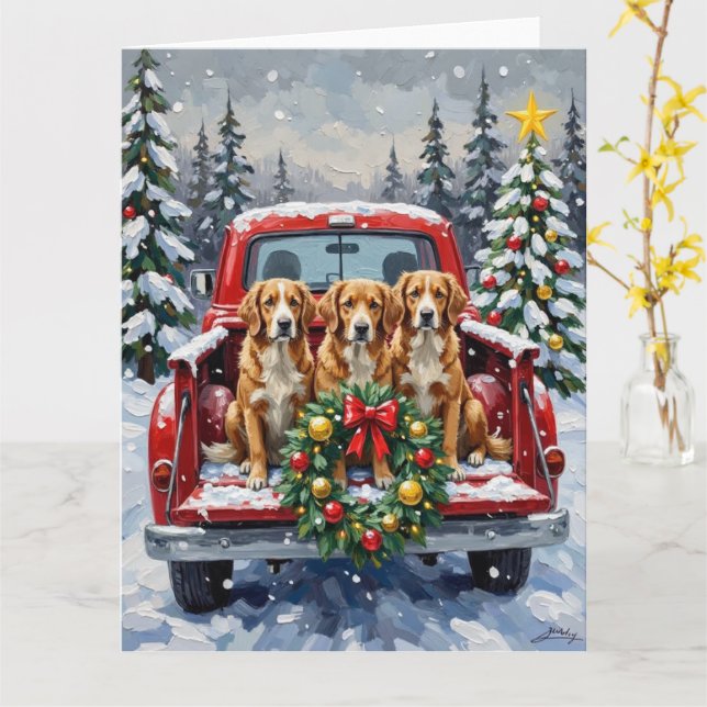 Nova Scotia Duck Tolling Retriever Christmas Red Card (Yellow Flower)