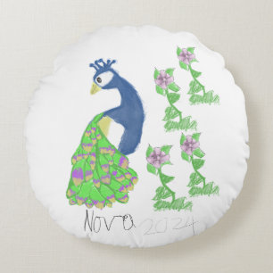 Nova Special Peacock Hand Drawn Round Pillow