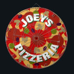 Novelty custom pepperoni pizza dartboard design<br><div class="desc">Novelty custom pepperoni pizza dartboard game. Funny fast food theme dart board design with personalized name. Cool wall decor for real men's man cave, pizzeria, italian restaurant, bar, pub, dorm room, bedroom, kitchen, diner, cafe, office, shop, store, business, company etc. Personalizable with family name or humourous quote. Awesome Birthday gift...</div>