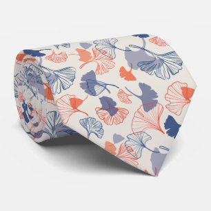 Novelty Ginkgo Navy Blue and Orange Pattern Tie