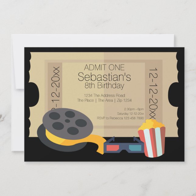 Novelty Party Admission Ticket Popcorn Movie Reel Invitation (Front)
