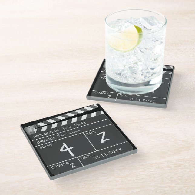 Novelty Personalized Custom Movie Clapperboard Glass Coaster (Angled)