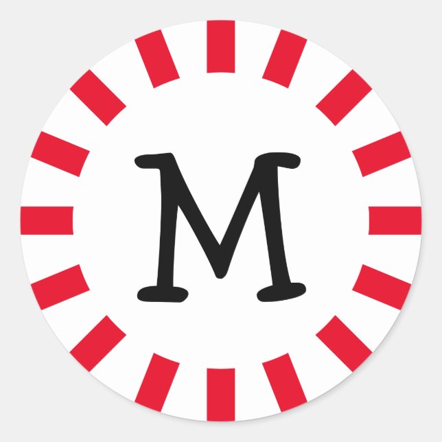Novelty Red White Black Monogram Peppermint Candy Classic Round Sticker (Front)