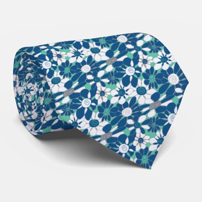 Novelty Teal and Blue Floral Neck Tie (Rolled)