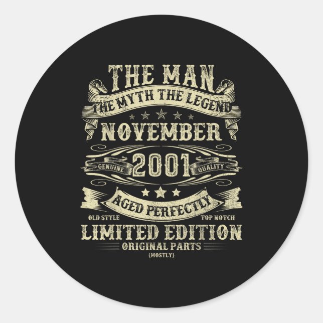 November 2001 24th Birthday For Men 24 Year Old Bd Classic Round Sticker (Front)