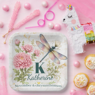 November Birth Flower Chrysanthemum & Dragonfly Paper Plate