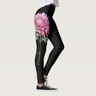 November Birth Flower, Pink Chrysanthemum Leggings