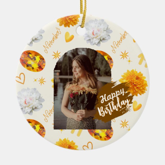 November Birthstone & Flower Custom Birthday Ceramic Ornament (Front)