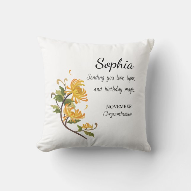 November Chrysanthemum Personalized Birthday Throw Pillow (Front)