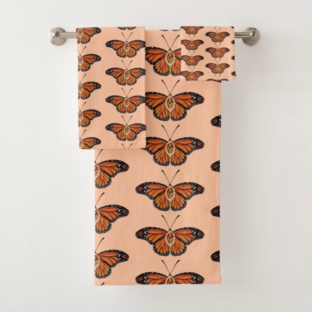 November Citrine Monarch Butterfly Pattern Design Bath Towel Set (Insitu)