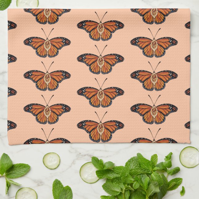 November Citrine Monarch Butterfly Pattern Design Kitchen Towel (Folded)