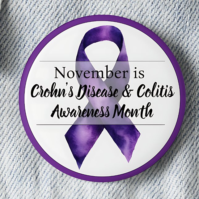 November Crohn’s Disease & Colitis Awareness Month 2 Inch Round Button (November Purple Ribbon Crohn's Disease & Colitis Awareness Month pinback button.)