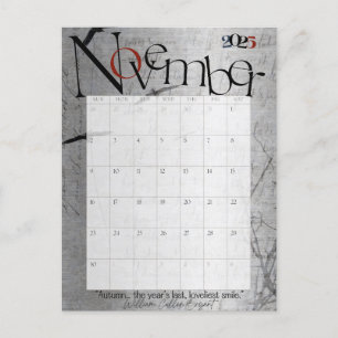 November Grey Modern Monthly Calendar 2025 Postcard