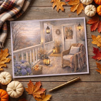 November Porch Scene Floral Watercolor Art