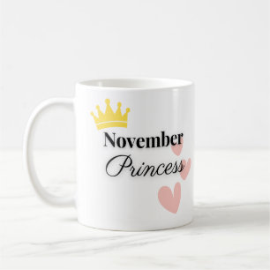 November Princess Mug – Gold Crown & Hearts Design