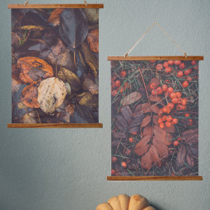November: red berries and brown autumn leaves hanging tapestry