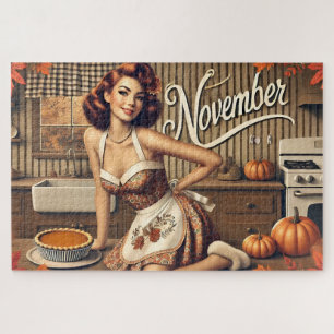 November Retro Pin-Up Girl Pumpkin  Jigsaw Puzzle
