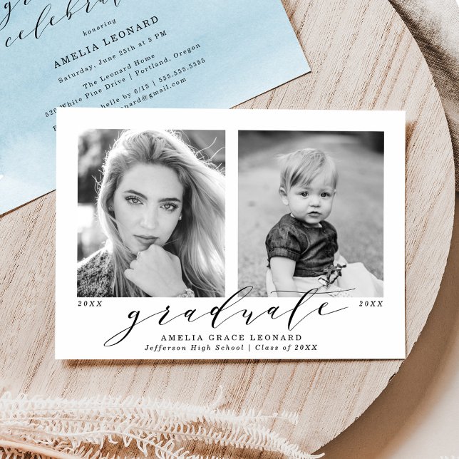 Now and Then Blue 2 Photo Graduation Party Invitation (Creator Uploaded)