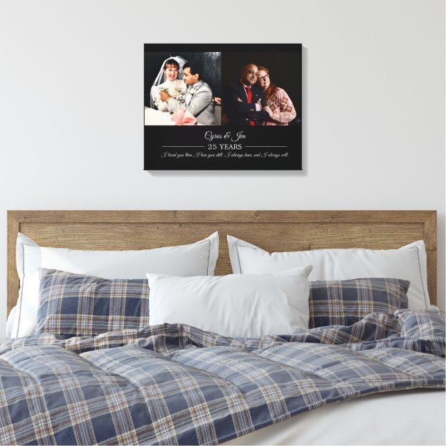 Now and Then Photos Silver Text Anniversary Photo Canvas Print (Insitu(Bedroom))