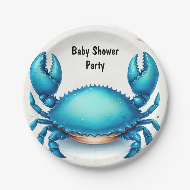 Now Beach Ocean Catch Navy Blue Crab Baby Shower Paper Plate (Front)