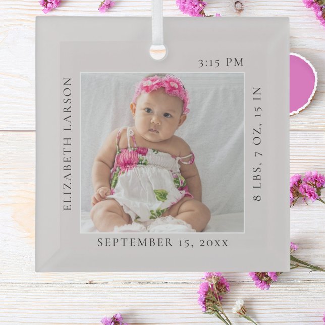 Now Born Baby's Birth Stats Custom Name & Photo Glass Ornament (Creator Uploaded)