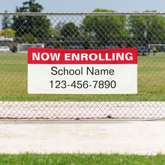 Now Enrolling Red White School Name Phone Number Banner (Insitu)