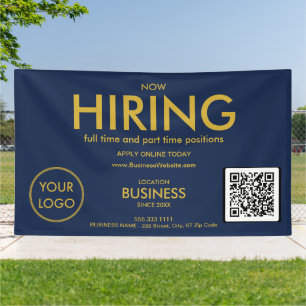Now Hiring Modern Gold Business Logo QR Code Navy  Banner