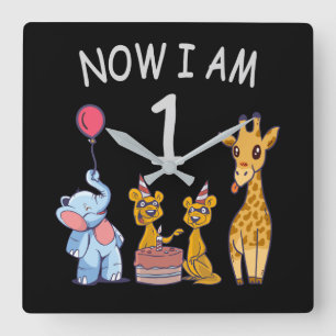 Now I am 1 year old 1st Birthday at the Zoo Baby B Square Wall Clock
