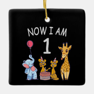 Now I am 1 year old 1st Birthday at the Zoo Ceramic Ornament