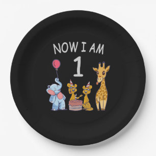 Now I am 1 year old 1st Birthday at the Zoo Paper Plate