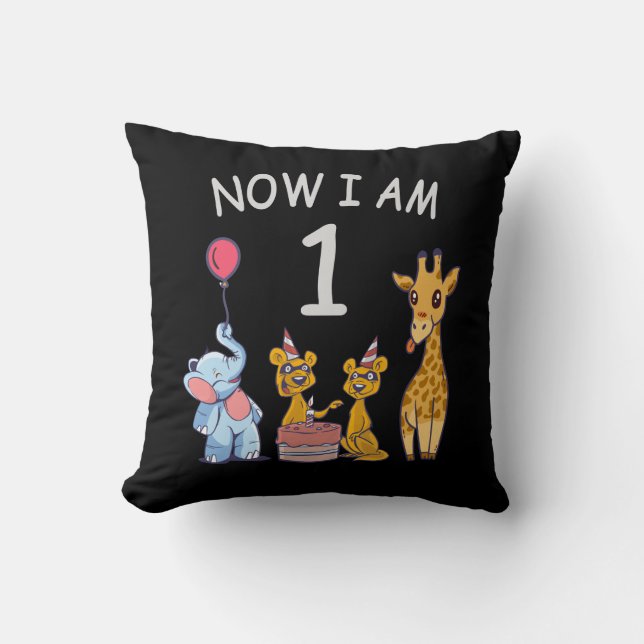 Now I am 1 year old 1st Birthday at the Zoo Throw Pillow (Front)