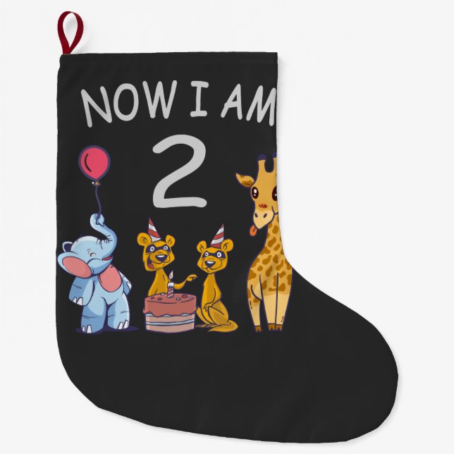 Now I am 2 year old 2nd Birthday at the Zoo Large Christmas Stocking (Front)