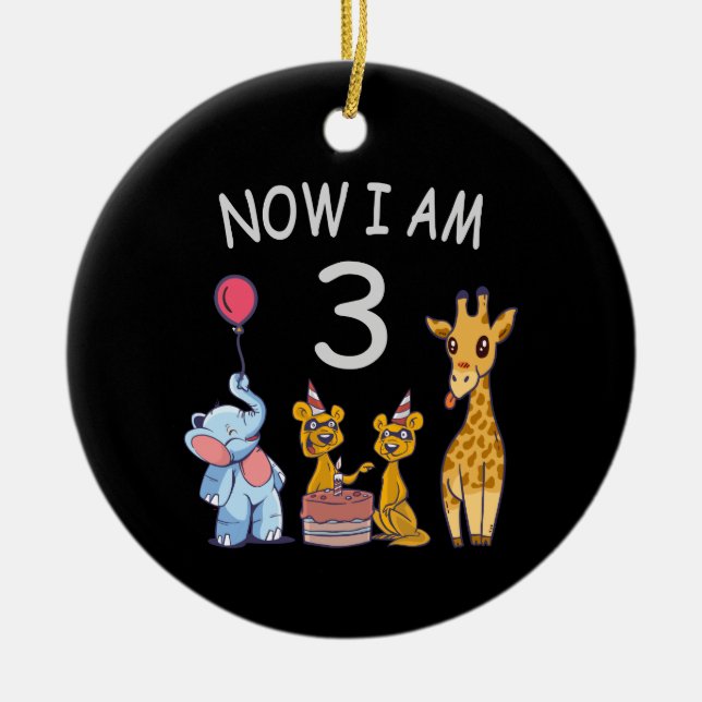 Now I am 3 year old 3rd Birthday at the Zoo Ceramic Ornament (Front)