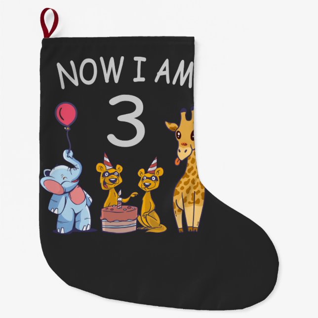 Now I am 3 year old 3rd Birthday at the Zoo Large Christmas Stocking (Front)
