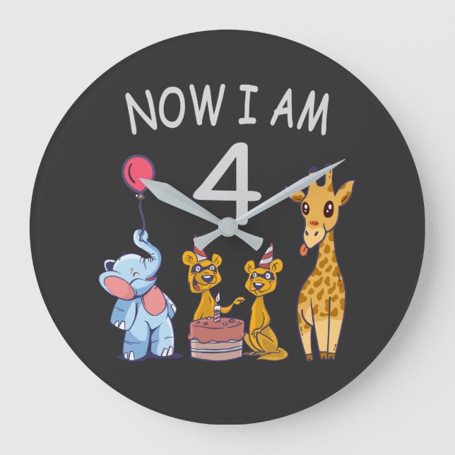 Now I am 4 year old 4th Birthday at the Zoo Large Clock (Front)
