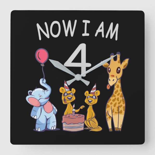 Now I am 4 year old 4th Birthday at the Zoo Square Wall Clock (Front)