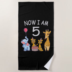 Now I am 5 years old 5th Birthday at the Zoo Beach Towel