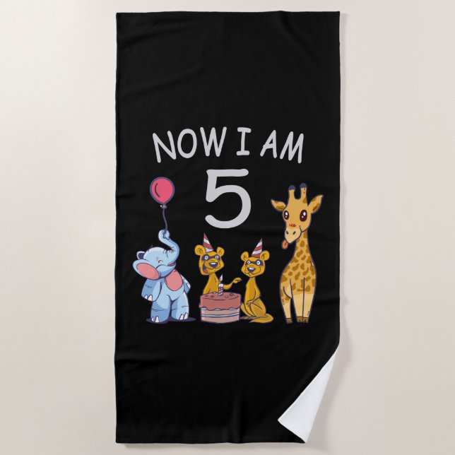 Now I am 5 years old 5th Birthday at the Zoo Beach Towel (Front)