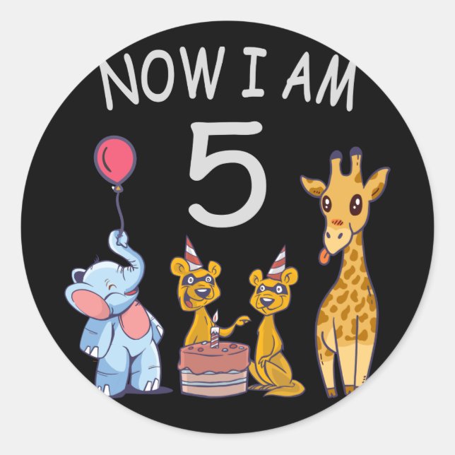 Now I am 5 years old 5th Birthday at the Zoo Classic Round Sticker (Front)