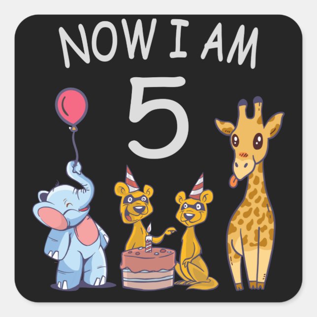 Now I am 5 years old 5th Birthday at the Zoo Square Sticker (Front)