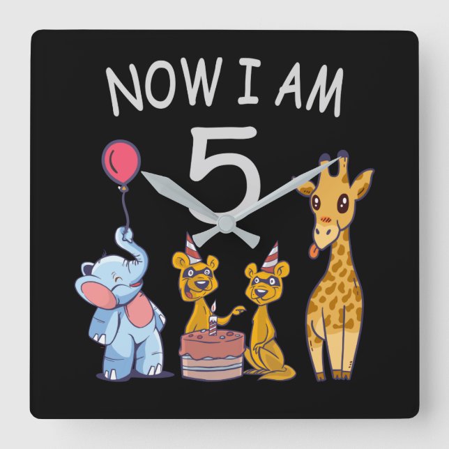 Now I am 5 years old 5th Birthday at the Zoo Square Wall Clock (Front)