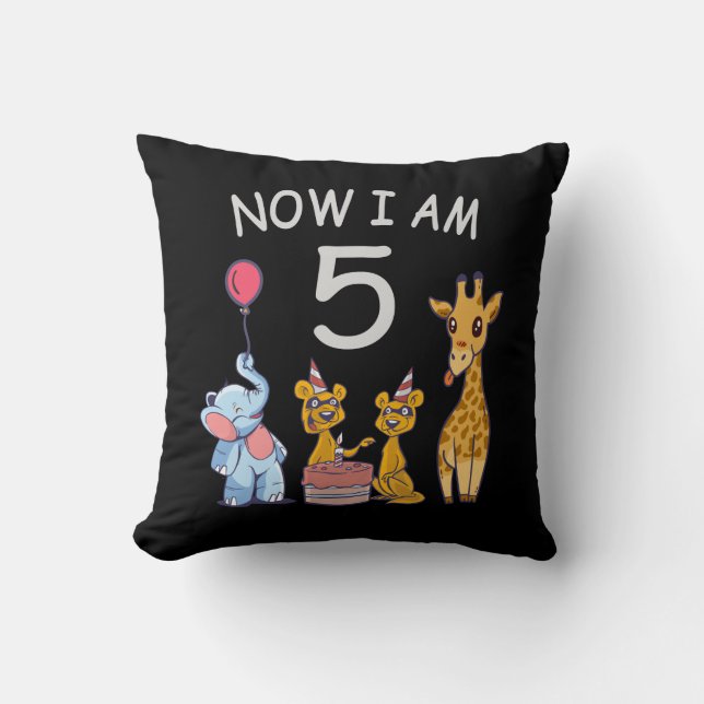 Now I am 5 years old 5th Birthday at the Zoo Throw Pillow (Front)