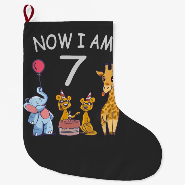 Now I am 7 years old 7th Birthday at the Zoo Large Christmas Stocking (Front)