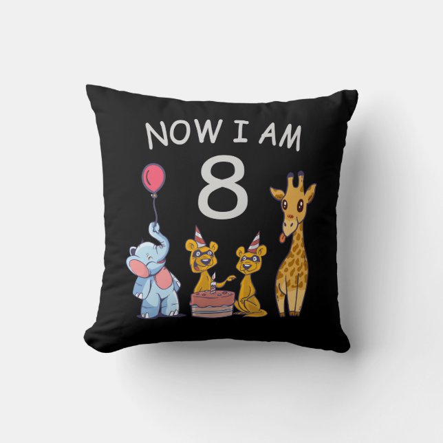Now I am 8 years old 8th Birthday at the Zoo Throw Pillow (Front)