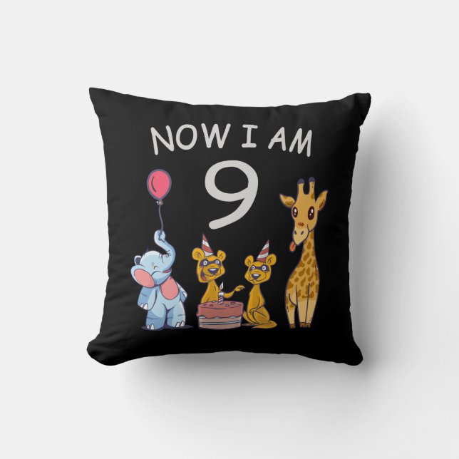 Now I am 9 years old 9th Birthday at the Zoo Throw Pillow (Front)