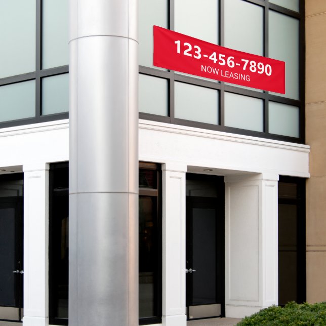 Now Leasing Red White Big Numerals Phone Number Banner (Outside Building)