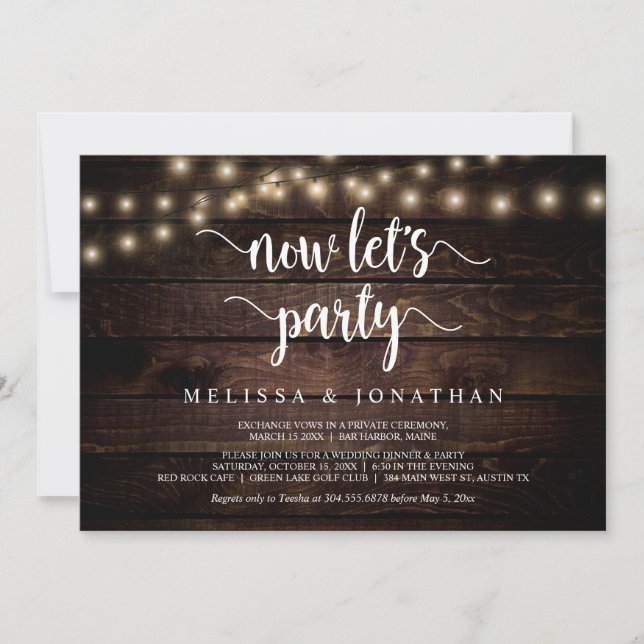 Now let's Party, Rustic Wedding Elopement Invitation (Front)