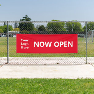 NOW OPEN Bright Red White Business with Logo Banner