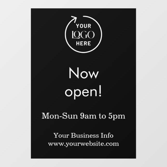 Now Open | Business Opening Times Logo Black Window Cling (Sheet)