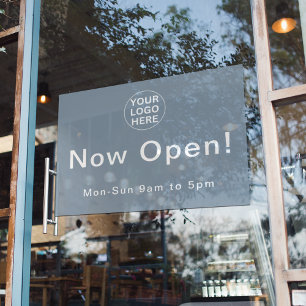 Now Open l Dusty Blue Business Logo Hours  Window Cling